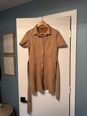Guess Tan Suede Button-Front Short Sleeve Coat